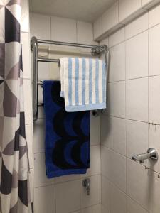 a bathroom with blue and white towels on a rack at Modern city studio with own patio in Helsinki