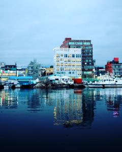 vistas a un puerto con edificios y agua en Stay Hostel, en Sokcho