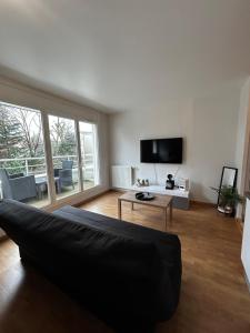 ein Wohnzimmer mit einem Sofa und einem TV in der Unterkunft Duplex lumineux tout équipé/RER D/Balcon/Parking in Corbeil-Essonnes