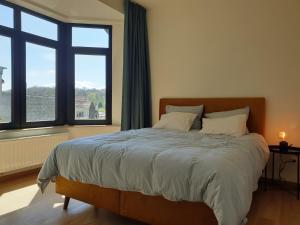a bedroom with a large bed with two windows at Brussels countryside in Hoeilaart