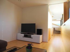 a living room with a flat screen tv on a white cabinet at Ferienwohnung Böhler in Doren