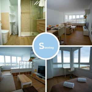 eine Collage mit drei Bildern eines Wohnzimmers in der Unterkunft Sunstay Seaview Guadalmar in Málaga