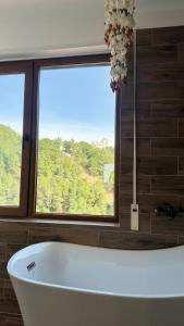 uma banheira na casa de banho com uma grande janela em CURRILA STAYS em Durrës