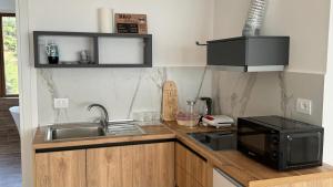 uma cozinha com um lavatório e um micro-ondas em CURRILA STAYS em Durrës