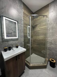 bagno con doccia e lavandino di TURAN HOTEL ad Aqtau