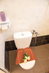 a bathroom with a toilet with flowers on it at Sweet Inn Guest House in Kuantan
