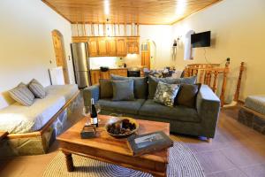 ein Wohnzimmer mit einem Sofa und einem Tisch in der Unterkunft Capris Rustic Ηouse with Mountain View in Archaia Feneos