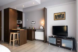 sala de estar con TV y cocina en Cosy Luxury Apartment en Athens