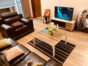 ein Wohnzimmer mit einem Sofa und einem Couchtisch in der Unterkunft Exquisite Apartments- 1Bedroom Kigali in Kigali