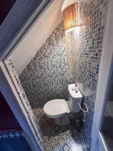 a bathroom with a toilet and a tiled wall at Douiria le pélican in Marrakech +40 photos