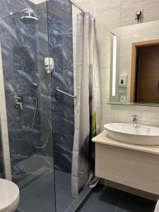 豪伊杜索博斯洛的住宿－Hotel Négy Évszak，带淋浴和盥洗盆的浴室