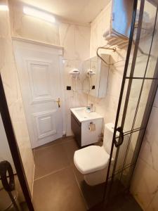 Un baño pequeño con inodoro y lavabo. en Hodegon Suite Hotel, en Estambul