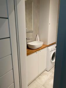 a bathroom with a sink and a washing machine at Apartament Otwarta Wrocław in Wrocław
