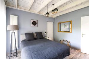 a bedroom with a large bed with a blue blanket at Le Petit Rocher in Vienne