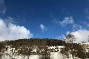 a view of a snowy hill with trees and buildings at Tal Blick 3-Zimmer Nordenau/ Winterberg in Schmallenberg