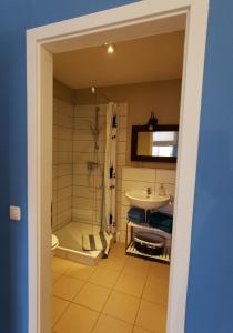 La salle de bains est pourvue d'une douche et d'un lavabo. dans l'établissement Bed&Breakfast Wagner "im Alten Pfarrhaus", à Neuruppin