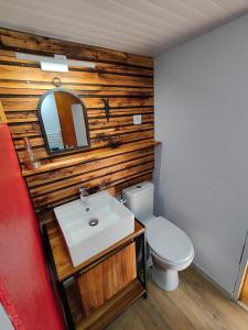 a bathroom with a white sink and a toilet at Chambre d'hôtes Chalet AILLEURS in Molines-en-Queyras