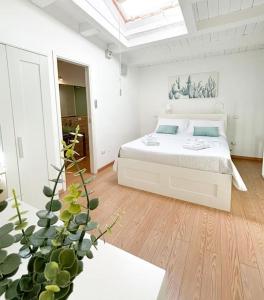 een witte slaapkamer met een bed en een cactus bij Libertà House in Palermo