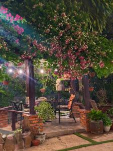 einen Garten mit einem Tisch und einem Baum mit rosa Blumen in der Unterkunft Dorry Le's House in Gia Nghĩa