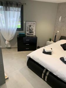 Un dormitorio con una cama grande y una ventana en Cocon Grand Large, en Décines-Charpieu