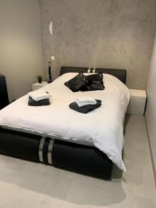1 cama blanca grande con 2 toallas en Cocon Grand Large, en Décines-Charpieu