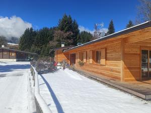 drewniany budynek z śniegiem na ziemi w obiekcie Andalo Chalet w Andole
