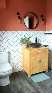 ein Badezimmer mit einem Waschbecken, einem WC und einem Spiegel in der Unterkunft Charming bedroom in artist studio in London