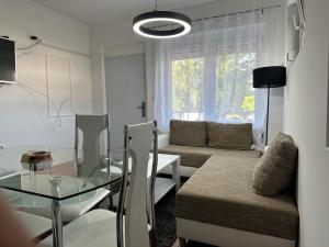 ヴェリコ・グラディシュテにあるApartman Auroraのリビングルーム(ガラステーブル、ソファ付)