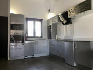 une cuisine équipée d'appareils en acier inoxydable et de placards gris dans l'établissement Maison de vacances St Cyprien Plage, à Saint-Cyprien