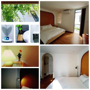 a collage of four pictures of a hotel room at Lullaby homestay in Hue