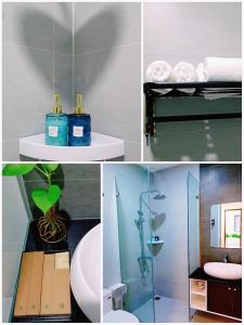 a collage of four pictures of a bathroom with towels at Lullaby homestay in Hue