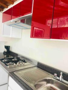 a kitchen with a sink and red cabinets at Casita Primavera / Casa Comalli in Comala