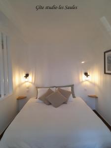 een slaapkamer met een groot wit bed en 2 verlichting bij Domaine de l'Ermitage in Rue