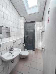 uma casa de banho com um lavatório, um chuveiro e um WC. em Pinova em Karlsruhe