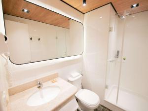 uma casa de banho com um lavatório, um WC e um espelho. em ibis Curitiba Shopping em Curitiba