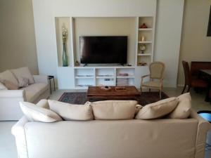 a living room with a white couch and a tv at Mas du Cuirassier- Vacances en Provence! in Châteaurenard