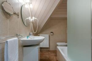 La salle de bains est pourvue d'un lavabo, de toilettes et d'un miroir. dans l'établissement Charming Roger's Farm, à Courtrai