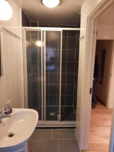 ein Badezimmer mit Dusche und Waschbecken in der Unterkunft Ferienhaus Landliebe, Wohnung 9048-2 in Dänschendorf