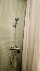 een douche in een badkamer met een douchegordijn bij ApartmentInCopenhagen Apartment 1593 in Kopenhagen
