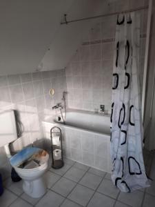 ein Badezimmer mit einem WC, einer Badewanne und einem Waschbecken in der Unterkunft Ferienhaus Landliebe, Wohnung 9048-3 in Dänschendorf