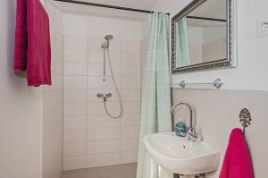 a bathroom with a sink and a shower with a mirror at Dünenblick 4 in Ueckeritz