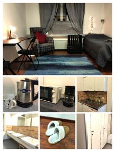 a collage of photos of a room with a bed and a kitchen at Toimistohotelli Pormestari in Kokkola