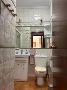 a bathroom with a toilet and a sink and a mirror at Casa de pueblo con merendero y chimenea. in Viguera