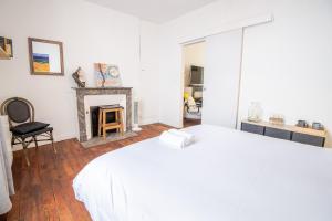 1 dormitorio con cama blanca y chimenea en Charmant T2 au pied du château, en Amboise