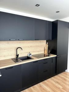 una cocina con armarios azules y fregadero en Modern Central Apartment, en Nitra