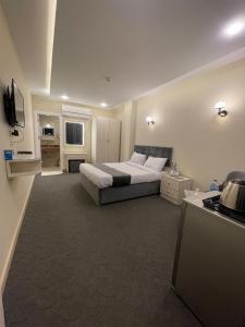 艾斯尤特的住宿－Hotel Royal Plaza，酒店客房带一张床和一个厨房