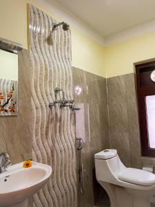 a bathroom with a shower with a toilet and a sink at Hotel Atlantic in Kathmandu