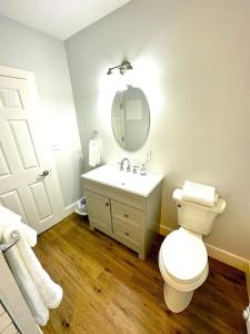 uma casa de banho com um WC, um lavatório e um espelho. em Cozy unit King bed & laundry em Wilmington