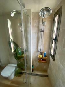 a bathroom with a shower with a toilet and a sink at Casa Tela Marinera in El Cotillo