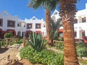 two palm trees in front of a building at Sharm Inn Amarein - Boutique Hotel in Sharm El Sheikh